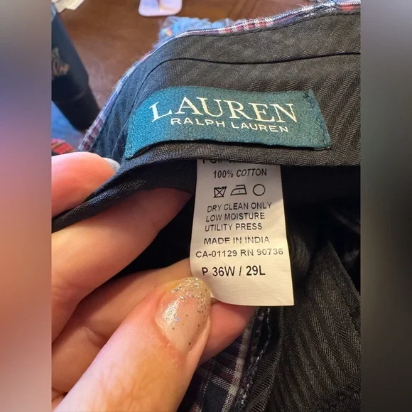 Lauren Ralph Lauren Red Plaid Flat Front Cotton Pants 36x29 India White Blue - Picture 8 of 9